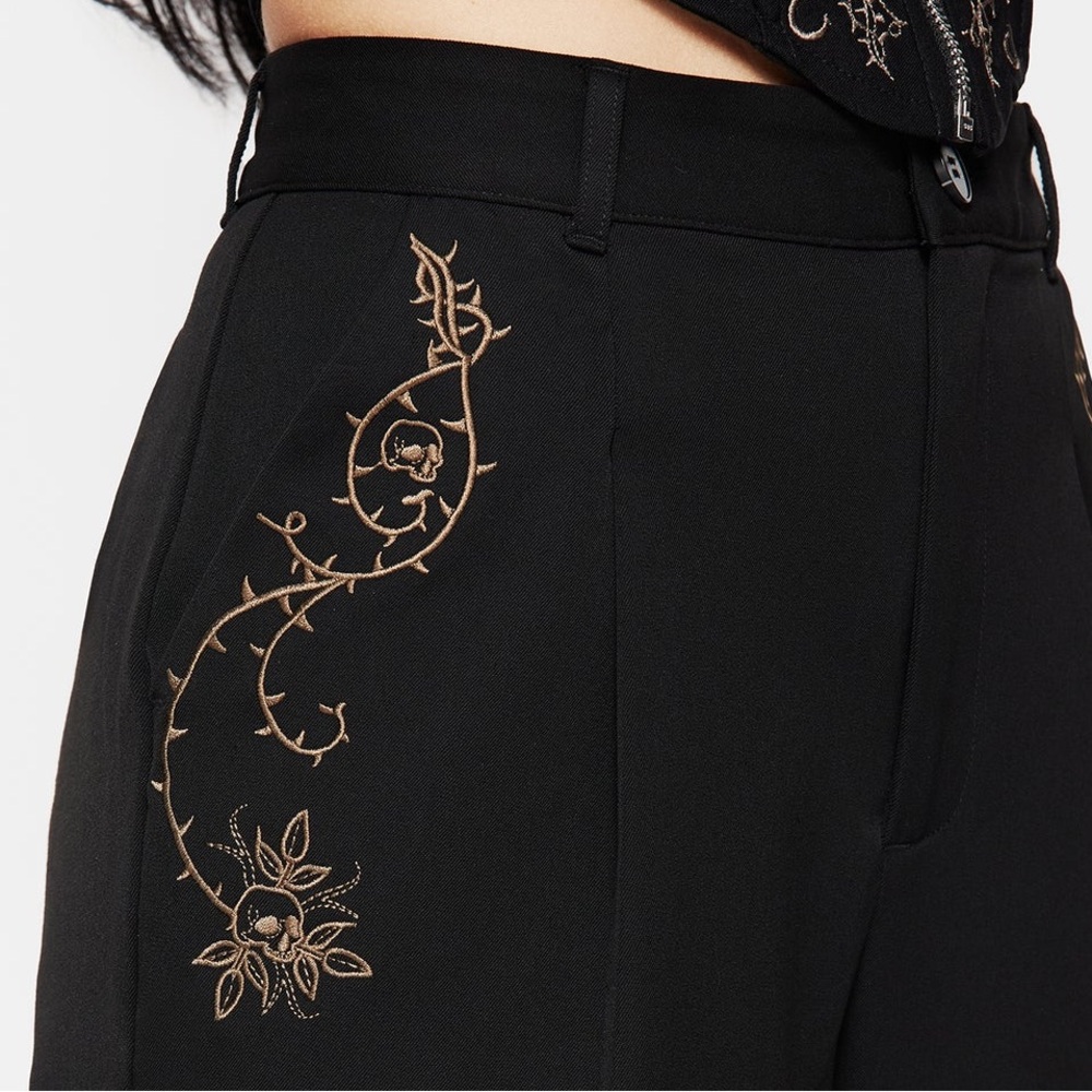 Nwt Disturbia High Rise Embroidered Tapered Tailored Trousers Dark Goth 16 Black - Picture 2 of 10